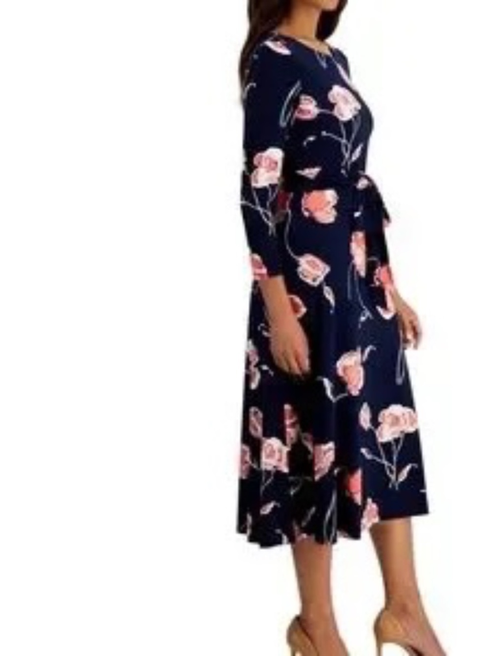 Kasper Navy Midi Dress with Pink Floral Print